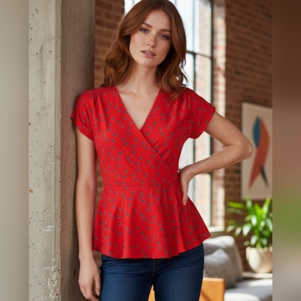 Lily Morgan Red Floral Faux-Wrap Peplum Top - Size  S